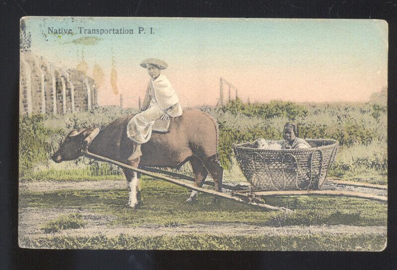 MANILA PHILIPPINES NATIVE TRANSPORTATION P.I. VINTAGE POSTCARD OXEN DRAWN CART