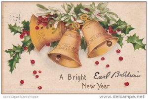 New Year Gold Bell and Holly Signed Clapsaddle 1909