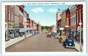 GREENEVILLE, Tennessee TN ~ MAIN STREET Scene looking North 1940s Linen Postcard 