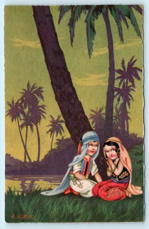 Artist Signed SGRILLI ~ Exotic Oasis Romantic ARAB CHILDREN ca 1920s  Postcard