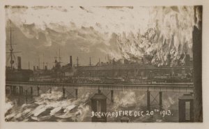 Portsmouth Harbour Docks 1913 Fire Antique Ship Disaster Postcard