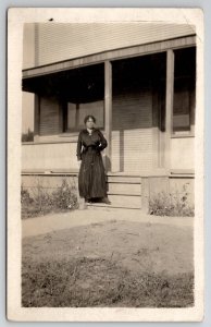 RPPC Edwardian Woman In Dress On Porch Steps c1910 Real Photo Postcard R24