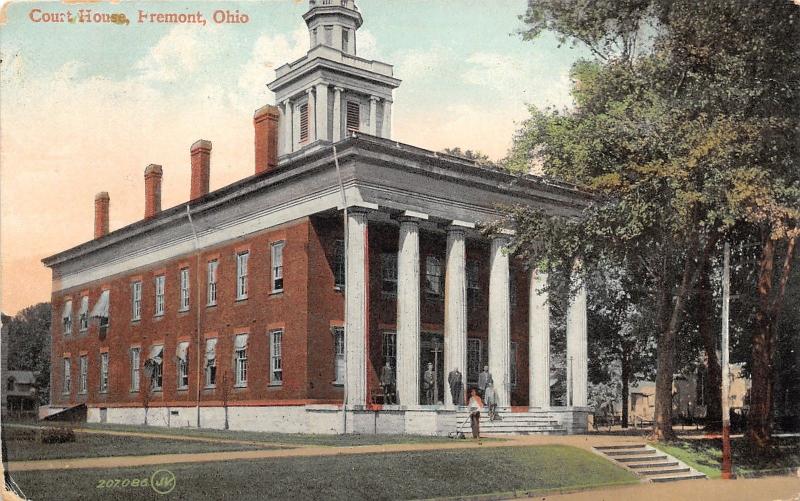 Fremont Ohio~Court House~Man Mowing Grass~People on Steps~1910 Postcard