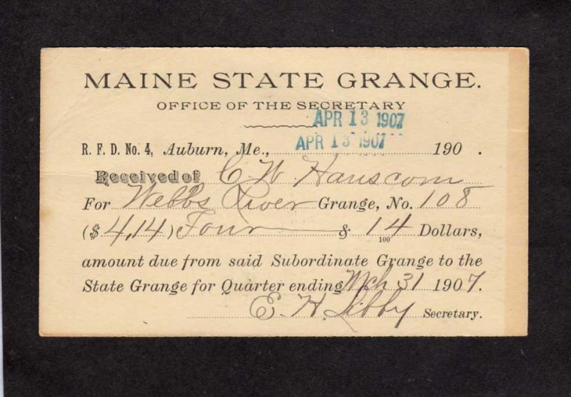 ME Maine State Grange Auburn Maine POSTAL CARD 1907