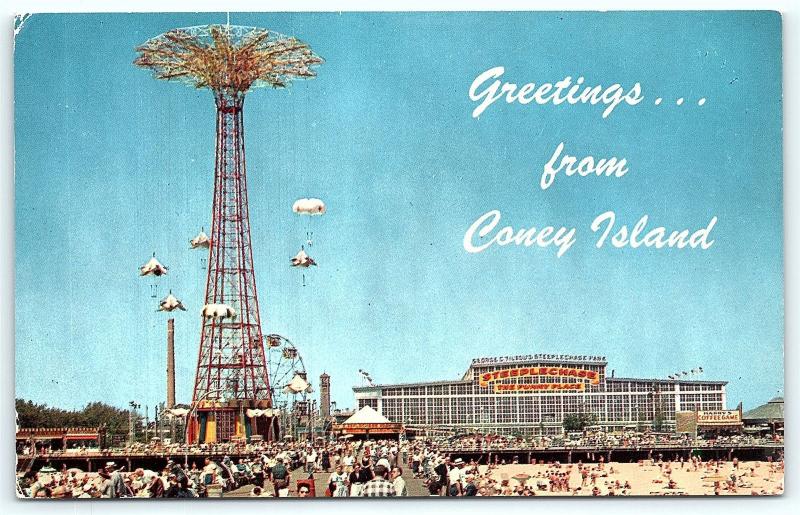 Postcard NY Coney Island Parachute Jump Ride Steeplechase Boardwalk Beach R38