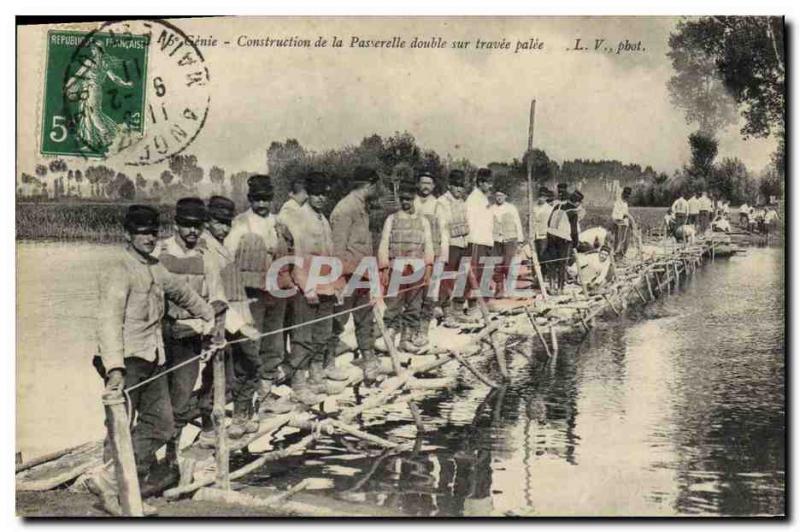 Postcard Old Army 6th Genie construction of the double span bridge on palee