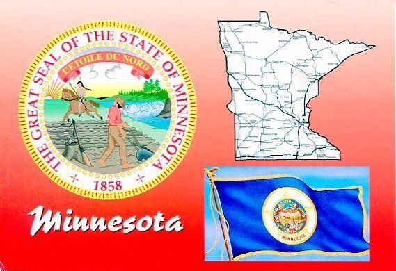 MN: MINNESOTA SEAL-MAP-FLAG / MAP POSTCARD