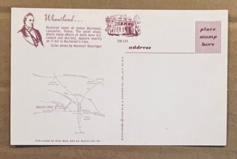 UNUSED POSTCARD - THE QUIET STUDY, WHEATLAND, LANCASTER, PA.