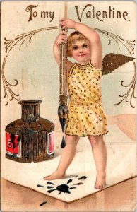 Be My Valentine Cupid With Pen and Ink Well 1907