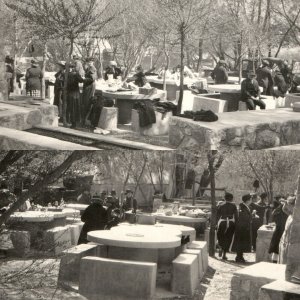 x2 LOT c1920s Outdoor Picnic RPPC Concrete Tables Real Photo Cars Postcard A96