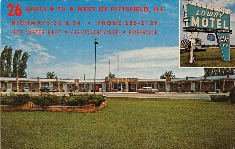 Pittsfield Illinois 1960s Postcard Lowry Motel Multiview Sign