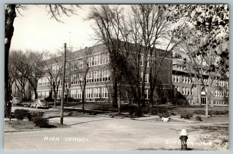 Sheldon IowaHigh School & AdditionCorner Marker1930s Cars1940s RPPC