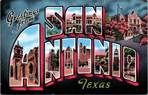 Vintage 1930's Large Letter Greetings San Antonio Texas TX Linen Postcard