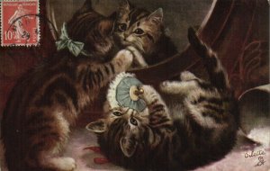 PC CATS, ARTIST SIGNED, SMALL CAT IN THE MIRROR, Vintage Postcard (b47233)