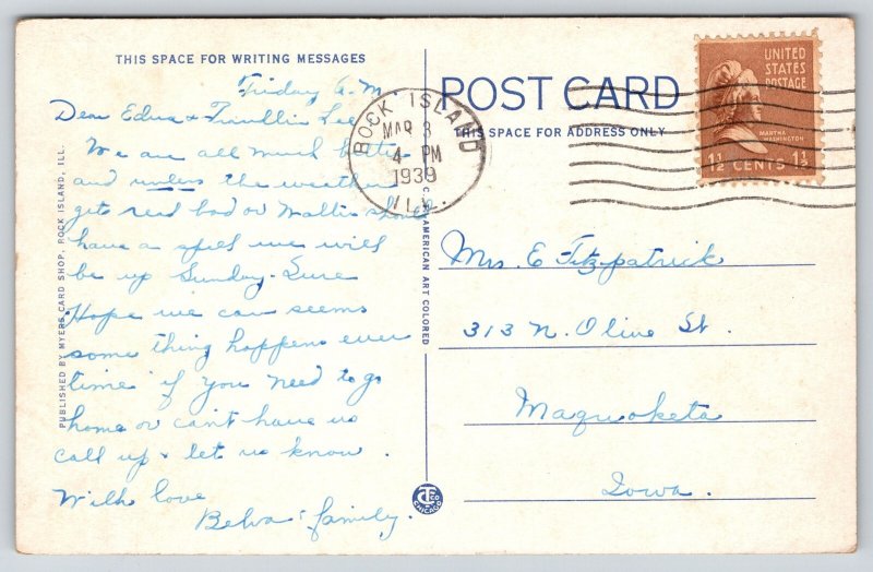 Moline IL~Scottish Rite Cathedral St View~Sunset~Gothic Revival~1939 Postcard