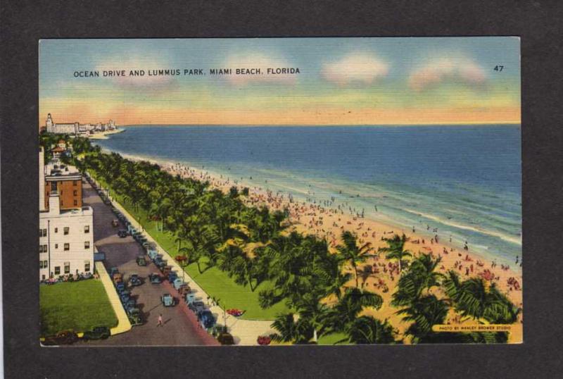 FL View Ocean Drive, Lummus Park, Miami Beach, Florida Postcard Linen PC