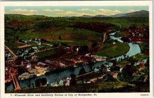 MONTPELIER, Vermont VT   Birdseye City and Winooski River  c1940s Linen Postcard