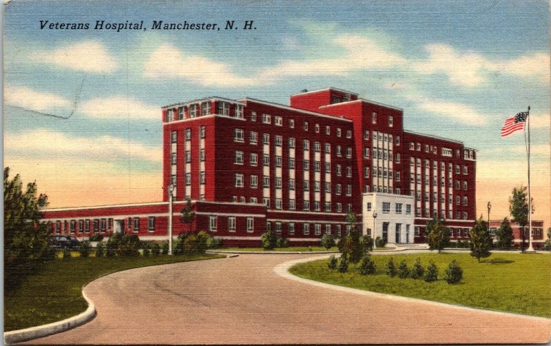 Veterans Hospital Building New Hampshire Side Road View US Flag Postcard Note PM 