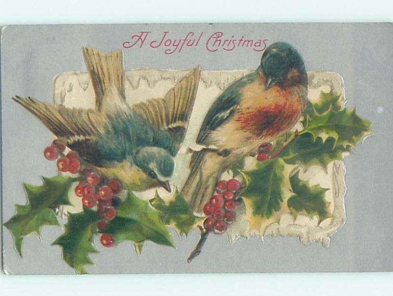 Pre-Linen christmas BEAUTIFUL LARGE BIRDS ON HOLLY BRANCHES HL0409