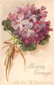 Birthday Greetings Purple Flowers Signed Klein Antique Postcard J52480 