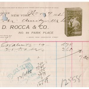 1914 Antique Billhead - D. ROCCA & Co - Superfine Olive Oil - New York