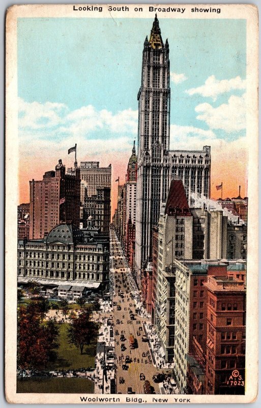 1926 Looking South Broadway Showing Woolworth Building New York Posted Postcard