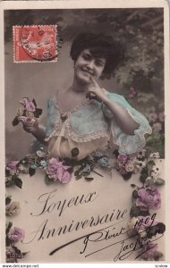 RP; JOYEUX ANNIVERSAIRE, PU-1909; Smiling Woman surrounded by roses