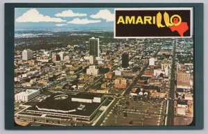 Aerial View Of Amarillo Texas~City~Streets~Downtown~White Clouds In The Sky~Vtg