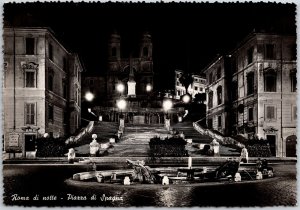 Roma Di Notte - Piazza Di Spagna Rome Italy Real Photo RPPC Postcard