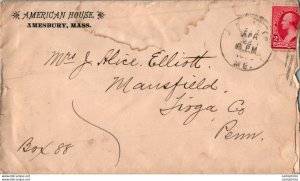 US Cover 2c 1893 American House Amesbury Mass for Mansfield Tioga Penn