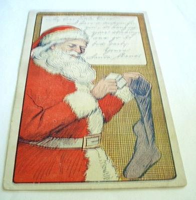 CHRISTMAS SANTA PUTS GIFT INTO STOCKING 1907 OLD PC