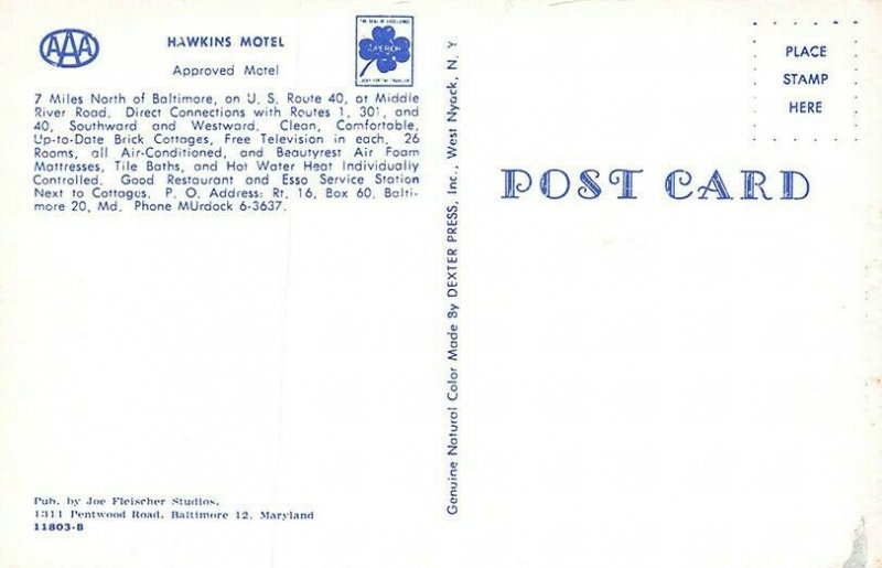Baltimore MD Hawkin's Motel Middle River Road Esso Gas Station Postcard