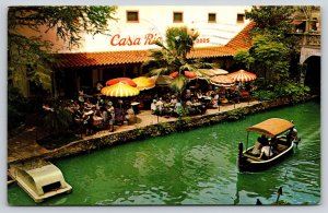San Antonio Texas~Casa Rio Mexican Restaurant~River~Boat~Umbrella~1963 Postcard