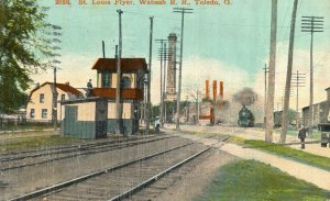 Postcard Early Hand Tinted View of St. Louis Flyer, Wabash R.R., Toledo, OH. aa6