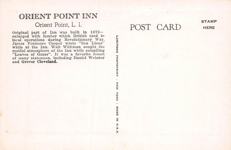 Orient Point Inn, Orient Point, Long Island, N.Y.,  Early Postcard, Unused