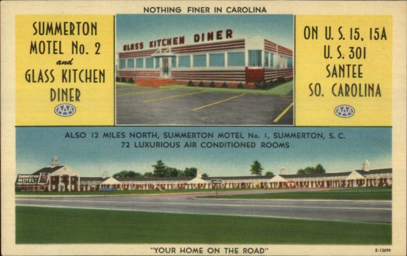 Summerton SC Motel & Glass Kitchen Diner LINEN US 301 Postcard