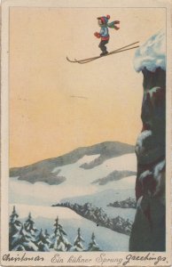 Skiing Disaster 1920s Switzerland Comic Old Ski Postcard