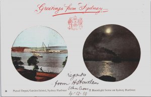 Australia Sydney Naval Depot Garden Island Harbour Moonlight Scene Postcard C128