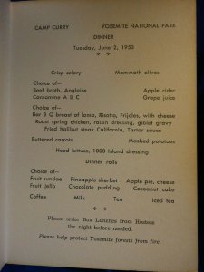 1953 Camp Curry Menu**Yosemite National Park** Nevada Fall 