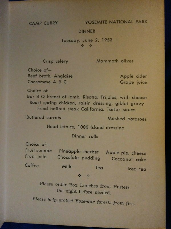 1953 Camp Curry Menu**Yosemite National Park** Nevada Fall 