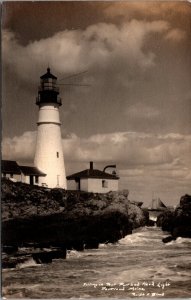 Real Photo Postcard Sailing in Post Portland Head Light Portland, Maine