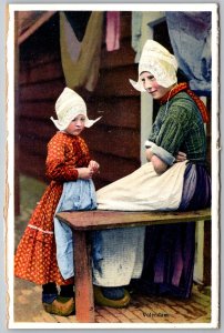 Volendam Holland 1950s Postcard Dutch Mother Daughter Wooden shoes