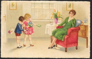 Young Boy & Girl with Flowers & Presents for Lady in Green Dress Used c1910s