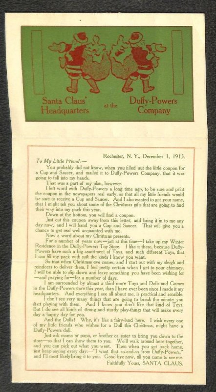 DUFFY POWERS CO NEW YORK SANTA CLAUS CHRISTMAS ADVERTISING POSTCARD 1913