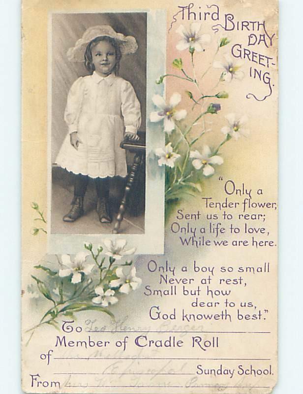 Pre-Linen POSTCARD FOR THIRD BIRTHDAY - CUTE GIRL WITH FLOWERS HL5202