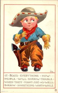 Don't Borrow Trouble ~ LITTLE COWBOY Boy~Gun~Hat  WALL Artist Signed Postcard