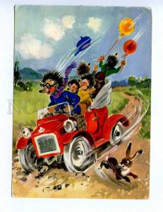 196869 dressed hedgehogs on car hare old postcard