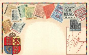 MAURITIUS STAMP COAT OF ARMS PATRIOTIC POSTCARD (c. 1910)