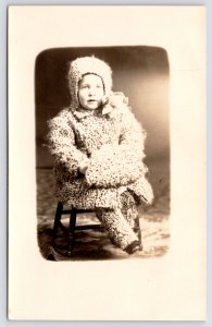 Winthrop~RPPC  Young Toddler~Bouclé Faux Wool Baby Suit~Showy Bow~Satis-Warmed