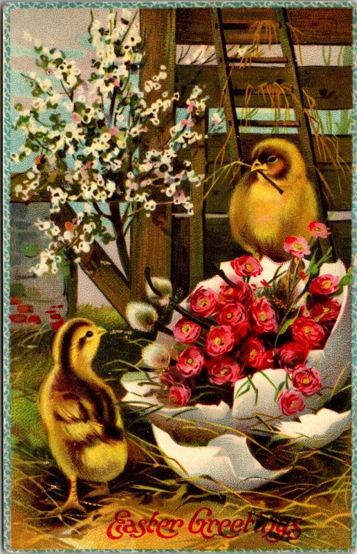 Antique Postcard  Easter Greetings - CHICKS EGGS FLOWERS  BARN - VINTAGE PC